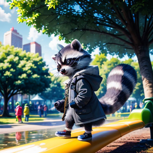 a raccoon is standing on a yellow bench in a park with people walking by and trees in the background