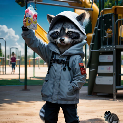 a little boy in a raccoon costume holding a cup in a park with a cat nearby and a playground in the background