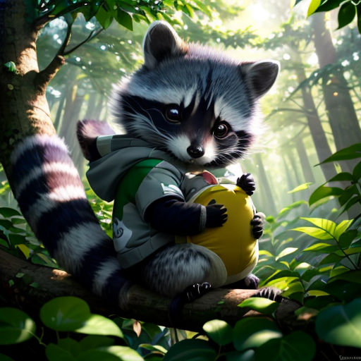 a raccoon is sitting on a tree branch in the woods holding a ball of yarn and a baseball