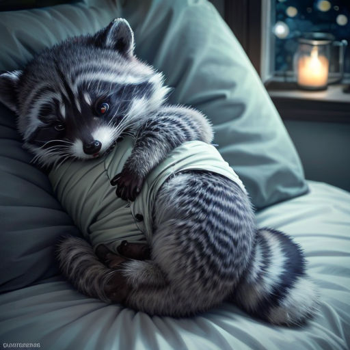 a raccoon is laying on a pillow with a shirt on it's back and a lantern in the background