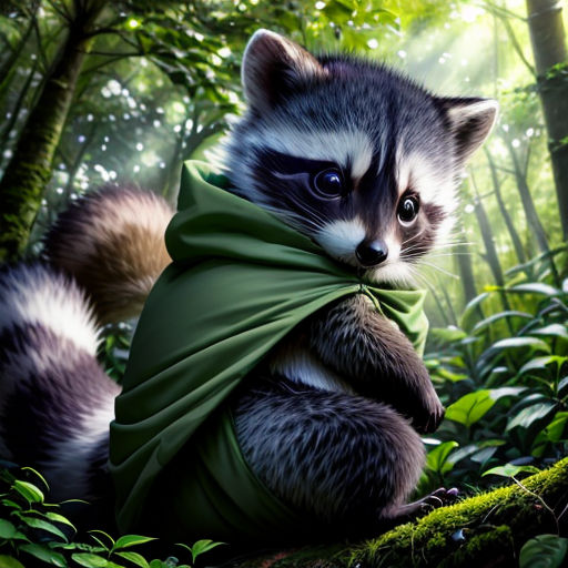 a raccoon is wrapped in a green blanket in the woods with a green scarf around its neck