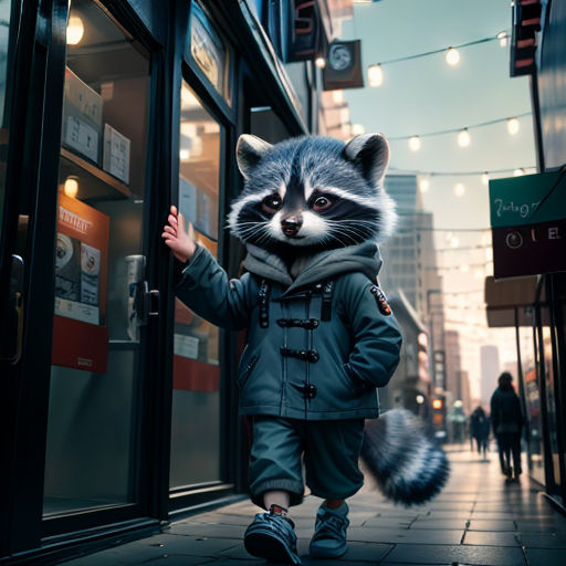 a raccoon is walking down a city street in a jacket and sneakers, and a little boy is wearing a jacket and a hat