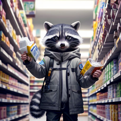 a raccoon is holding a package of milk in a grocery store aisle while wearing a backpack and a backpack
