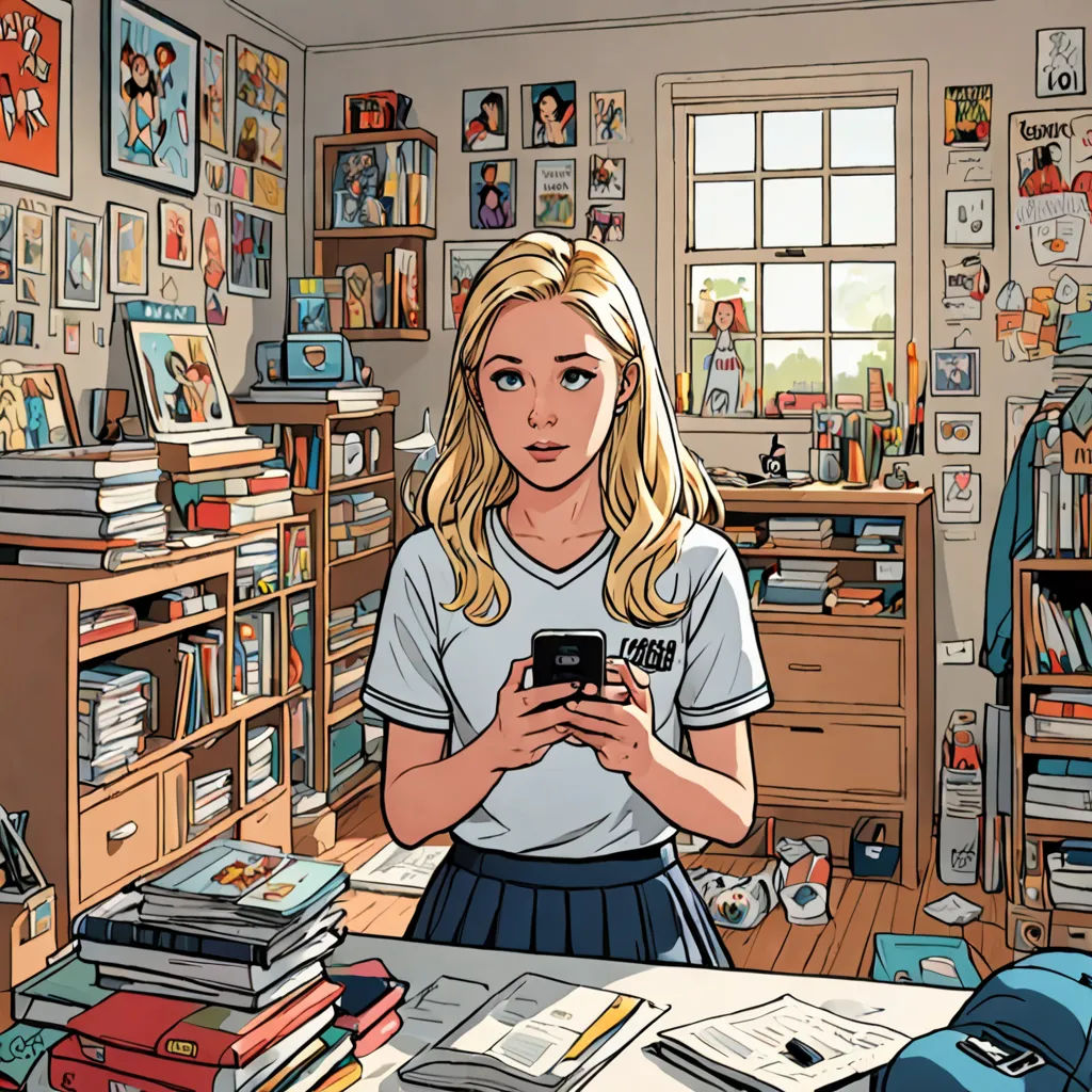 a girl is looking at her phone in a messy room with books and a backpack on the floor and a lot of books on the walls, academic art, a comic book panel, Asaf Hanuka, comic book