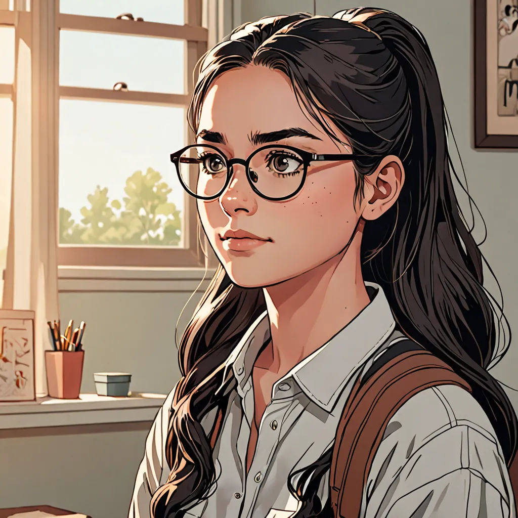 a girl with glasses and a backpack looks at the camera while sitting in a room with a window and a desk, academic art, a comic book panel, Atey Ghailan, rossdraws global illumination