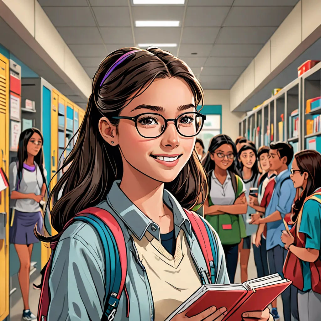 a cartoon of a girl in a school hallway with a book in her hand and a group of school children behind her, lyco art, a comic book panel, Artgerm, comic cover art