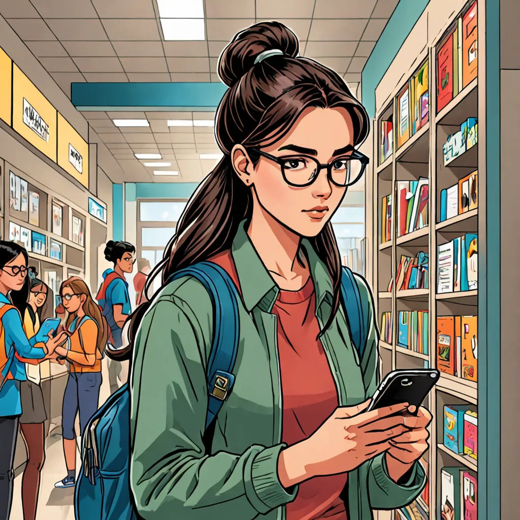 a woman in a library looking at her phone and reading a book while others look on from the shelves, academic art, a comic book panel, Amir Zand, comic cover art