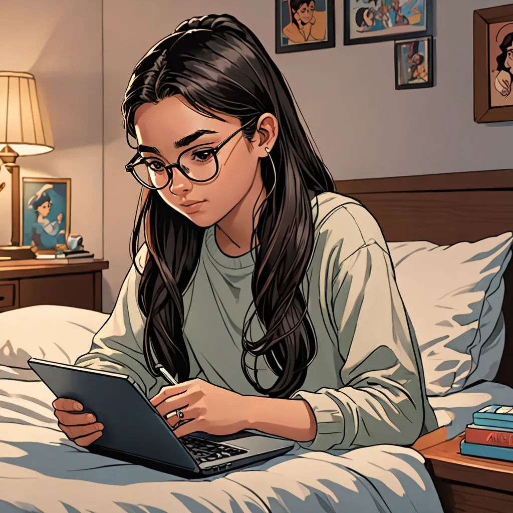 a girl sitting on a bed using a laptop computer while wearing glasses and reading a book in a bedroom, academic art, a comic book panel, Artgerm, comic book