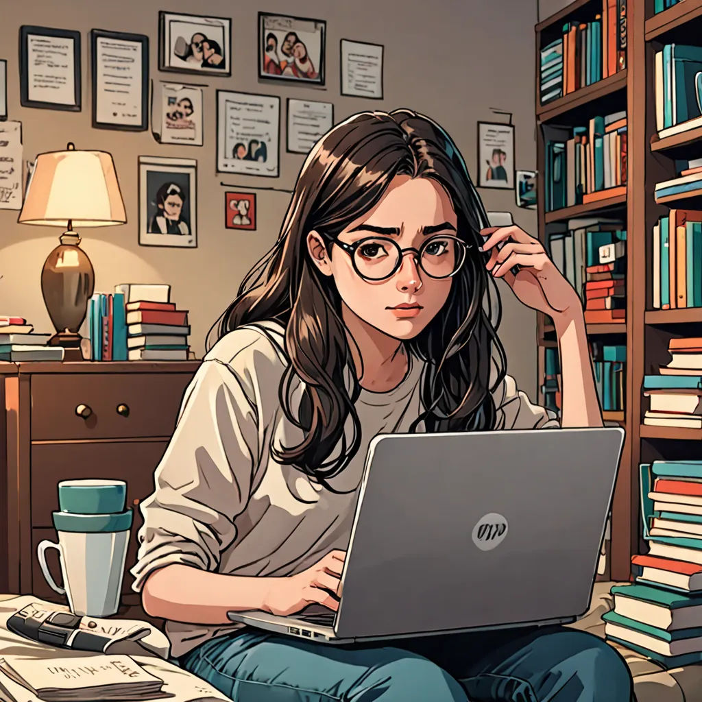 a woman sitting on a couch using a laptop computer in a room with books and a lamp on the wall, academic art, a comic book panel, Artgerm, stanley artgerm lau