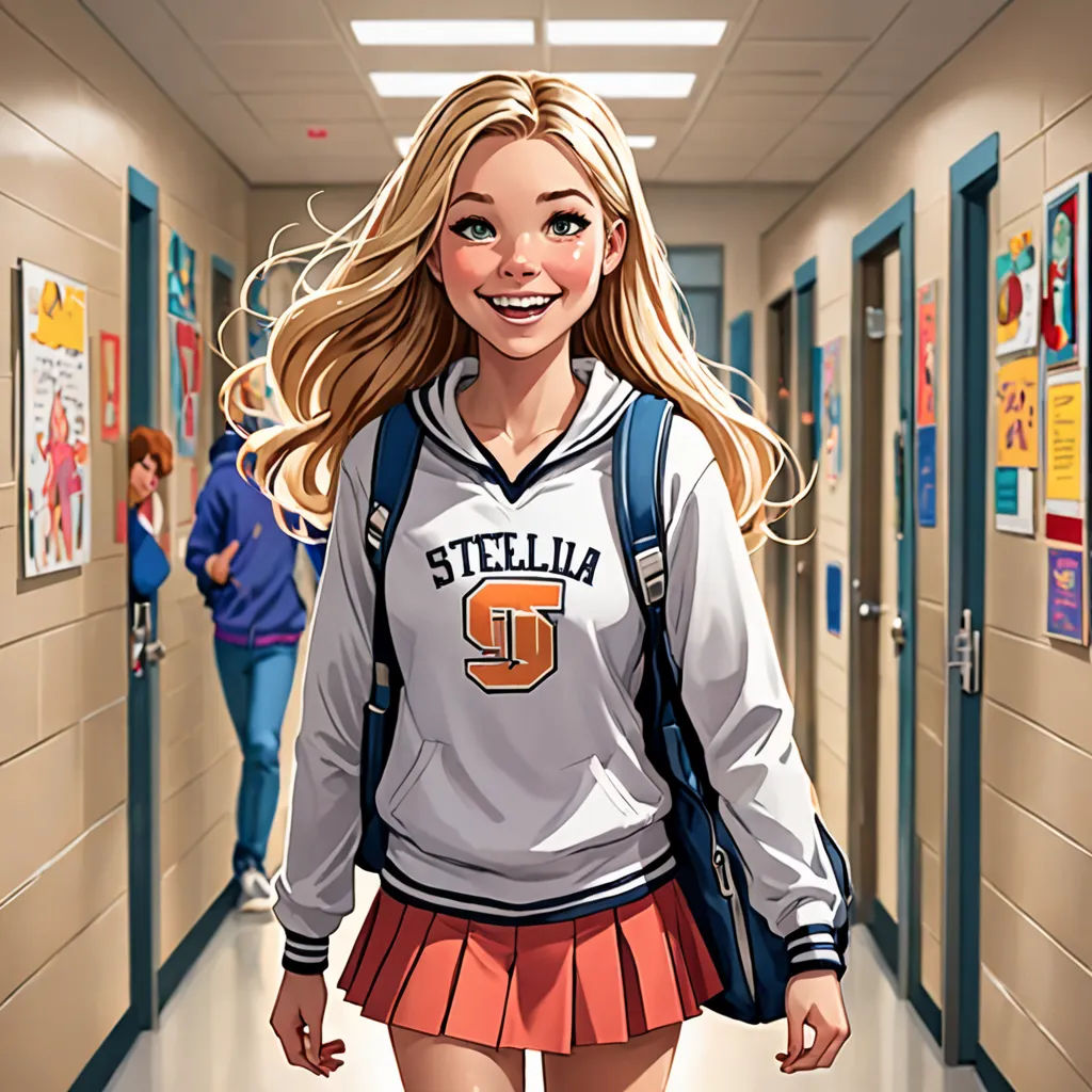 a girl in a school uniform is walking down a hallway with a backpack on her shoulder and a backpack on her shoulder, photorealism, a comic book panel, Artgerm, official art