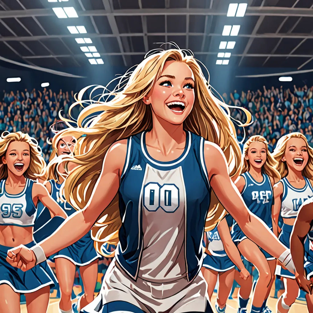 a cartoon of a cheerleader in a basketball uniform with other cheerleaders in the background in a basketball court, arabesque, a comic book panel, Claire Hummel, josan gonzales and dan mumford