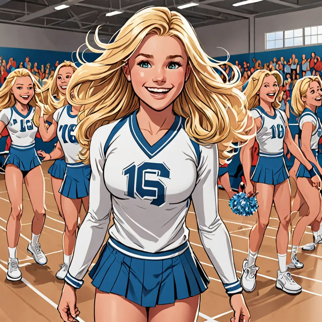 a cartoon of a cheerleader in a cheer uniform with cheerleaders in the background in a gym, ashcan school, a comic book panel, Claire Hummel, comic cover art