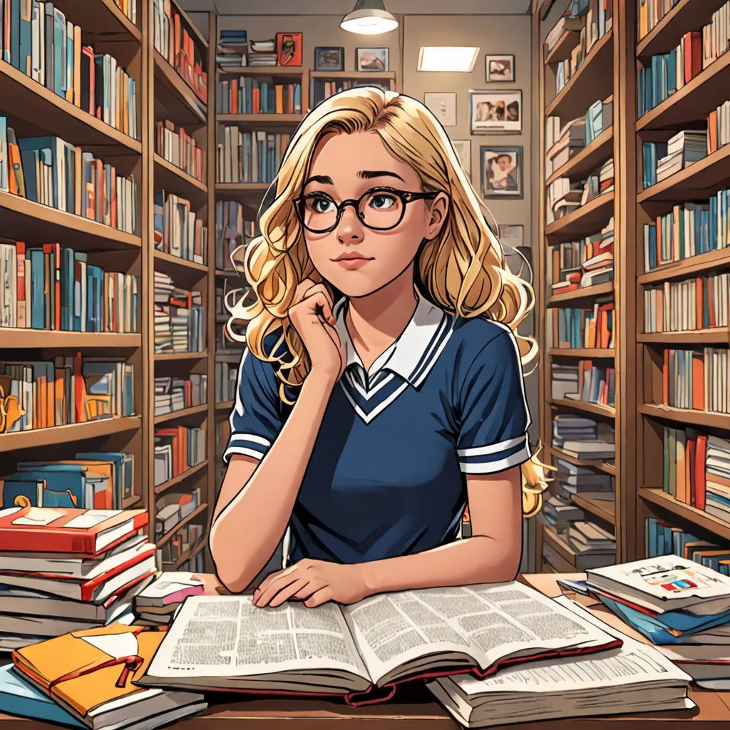 a woman sitting at a table with a book in front of her and a bookcase full of books, academic art, a character portrait, Artgerm, comic book