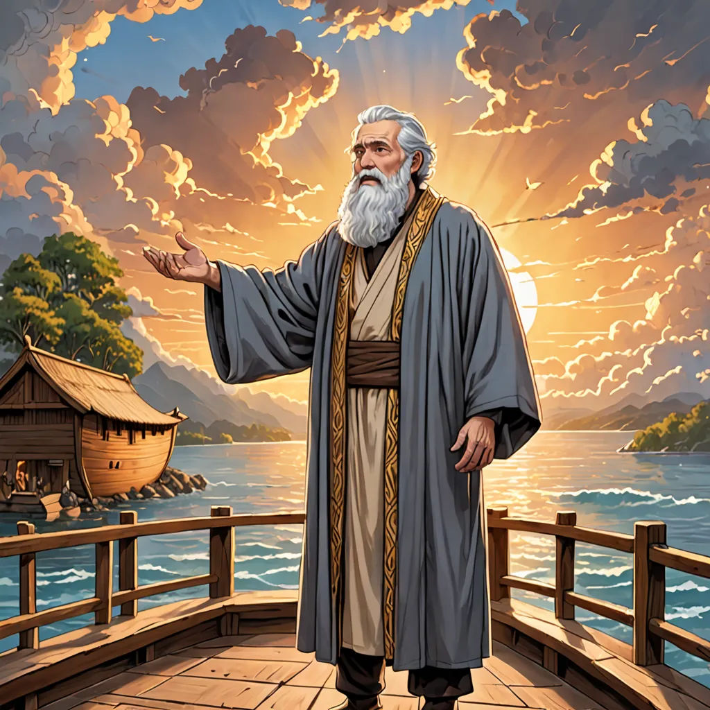 a painting of a man with a beard and a beard standing on a dock with a boat in the background, F Scott Hess, rayonism, a storybook illustration, official art
