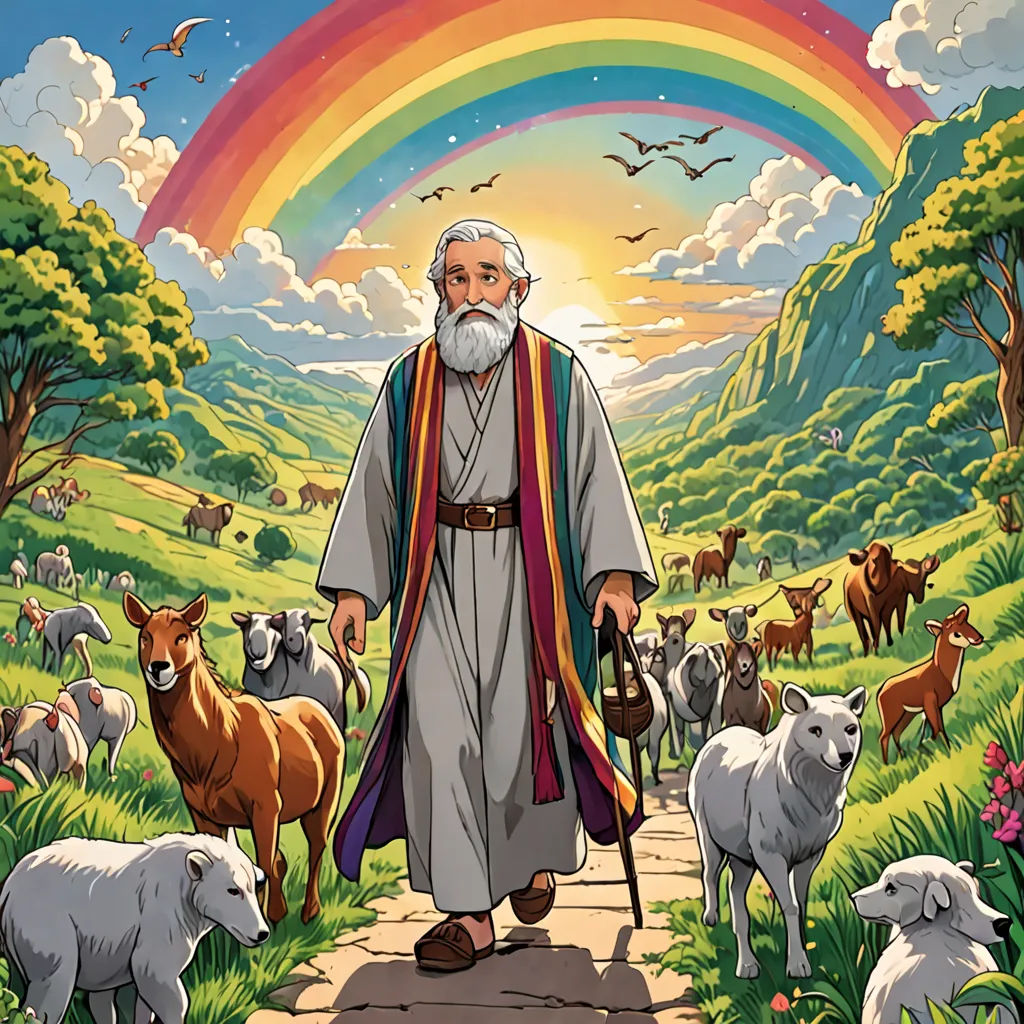 a man with a long beard and a long beard walking down a path with sheep and a rainbow in the background, Brian Bolland, naive art, a storybook illustration, furaffinity