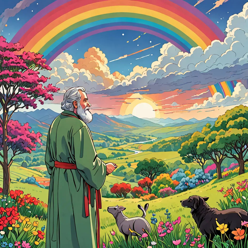 a man standing in a field with a dog and a rainbow in the background with a rainbow in the sky, Colin Middleton, color field, a storybook illustration, josan gonzales and dan mumford