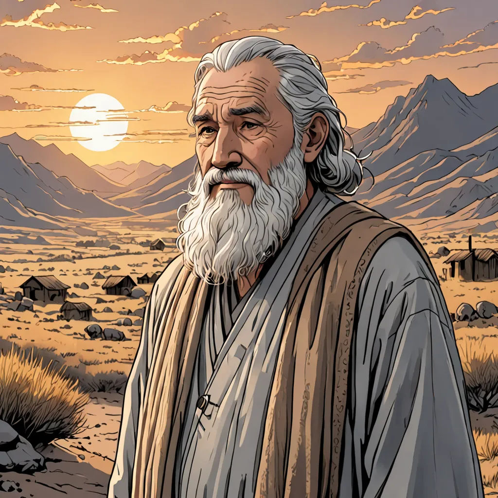 a man with a beard and a beard standing in a desert area with mountains in the background and a sunset, Drew Struzan, figurativism, a comic book panel, graphic novel