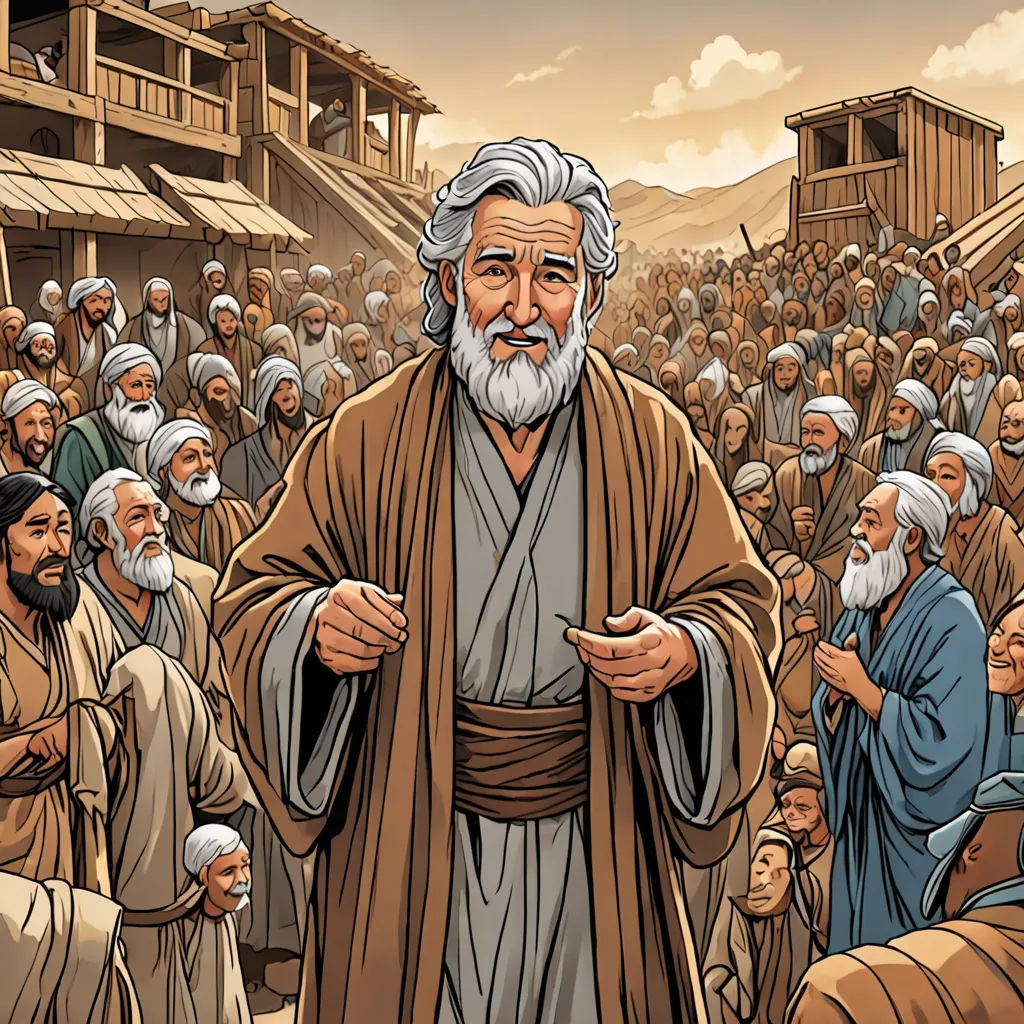 a cartoon of a man with a beard and a beard standing in front of a crowd of people with a building in the background, Asaf Hanuka, excessivism, a comic book panel, graphic novel