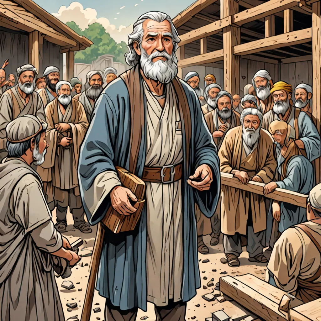 a cartoon of a man with a beard and a cane standing in front of a crowd of people in a village, ESAO, private press, a comic book panel, graphic novel