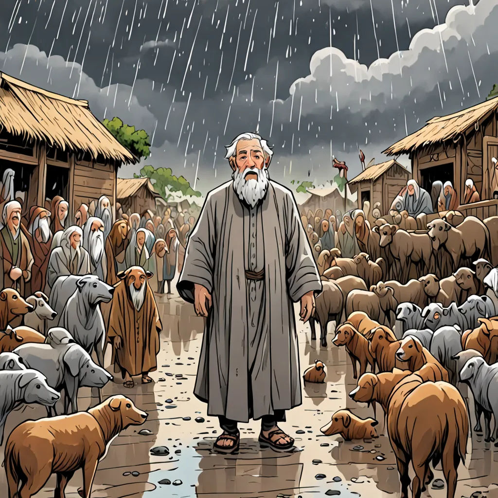 a man standing in front of a herd of sheep in a village under a cloudy sky with rain falling, Asaf Hanuka, context art, a storybook illustration, comic cover art