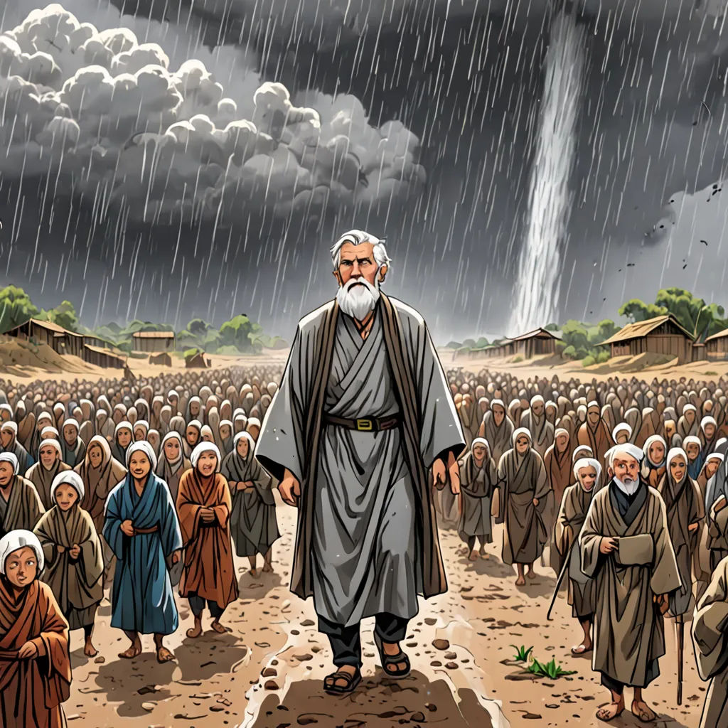 a cartoon of a man standing in front of a crowd of people under a rain cloud with a waterfall in the background, Asaf Hanuka, context art, a storybook illustration, graphic novel