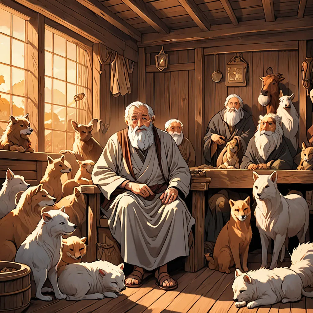 a painting of a man surrounded by animals and dogs in a room with wood floors and walls, with a window, Christophe Vacher, furry art, a storybook illustration, furaffinity