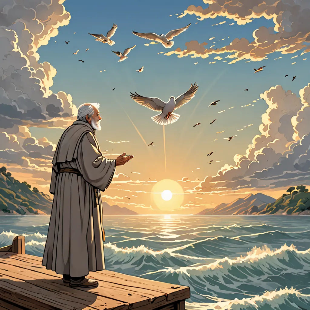 a painting of a man standing on a dock with birds flying over him and a sunset in the background, Christophe Vacher, fantasy art, a comic book panel, god rays