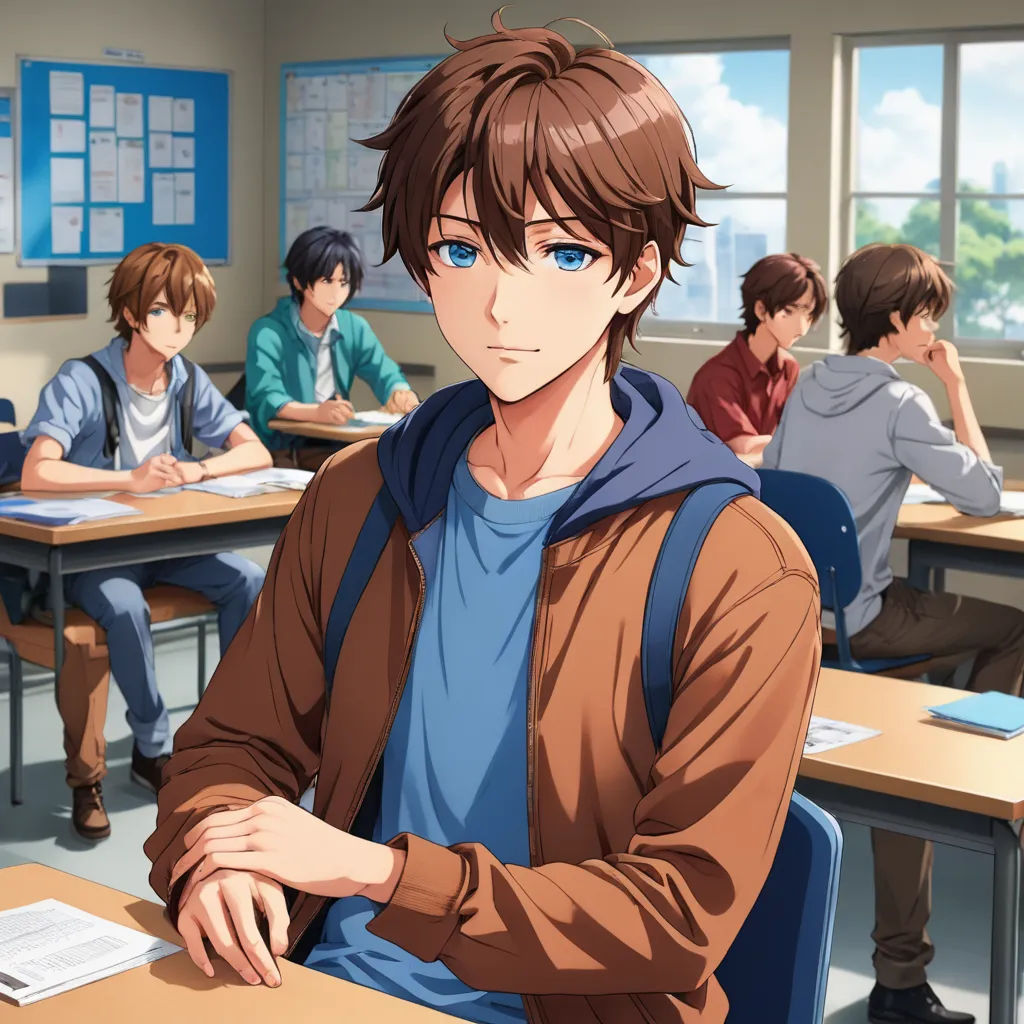 a group of people sitting at desks in a classroom with one person standing up and the other sitting down, remodernism, a character portrait, Ai-Mitsu, official art