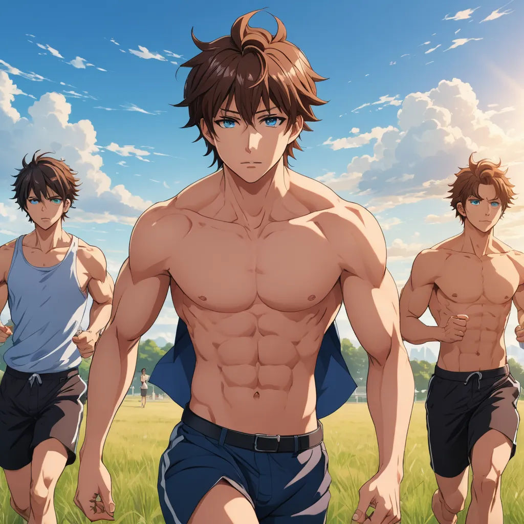 three men running in a field with grass and blue sky in the background, one of them has his shirt off, sots art, an album cover, Baiōken Eishun, official art