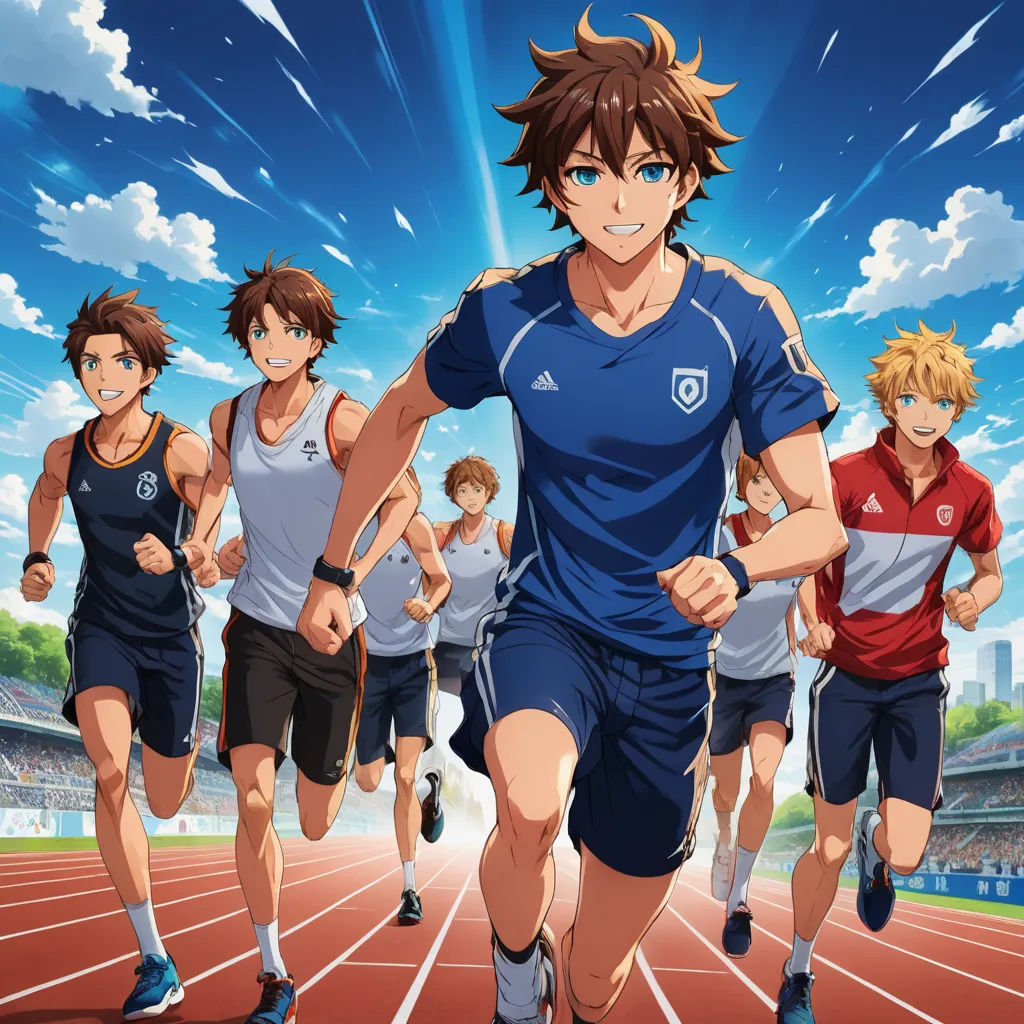 a group of people running on a track with a sky background and clouds in the background, with a man in the middle of the group, sots art, a poster, Baiōken Eishun, official art