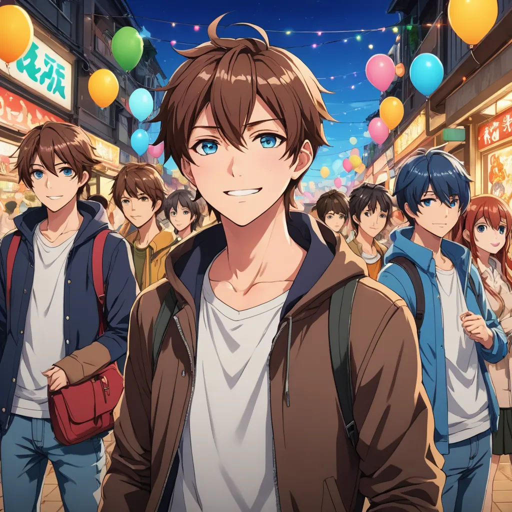 a group of people standing in front of a store front with balloons hanging from the ceiling and a man in a brown jacket, rayonism, a stock photo, Ai-Mitsu, official art