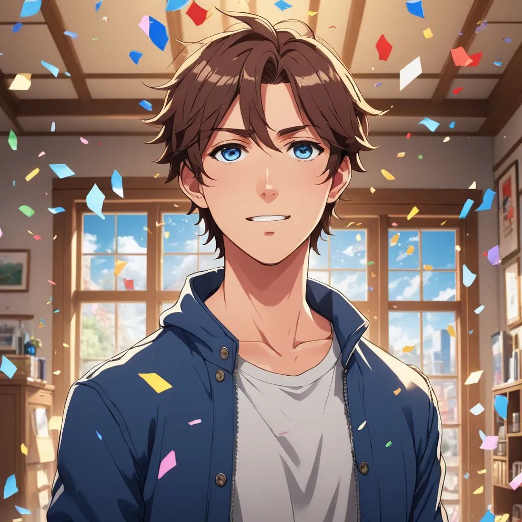 a man with blue eyes and a blue jacket is standing in a room with confetti falling from the ceiling, sots art, a character portrait, Adam Manyoki, official art