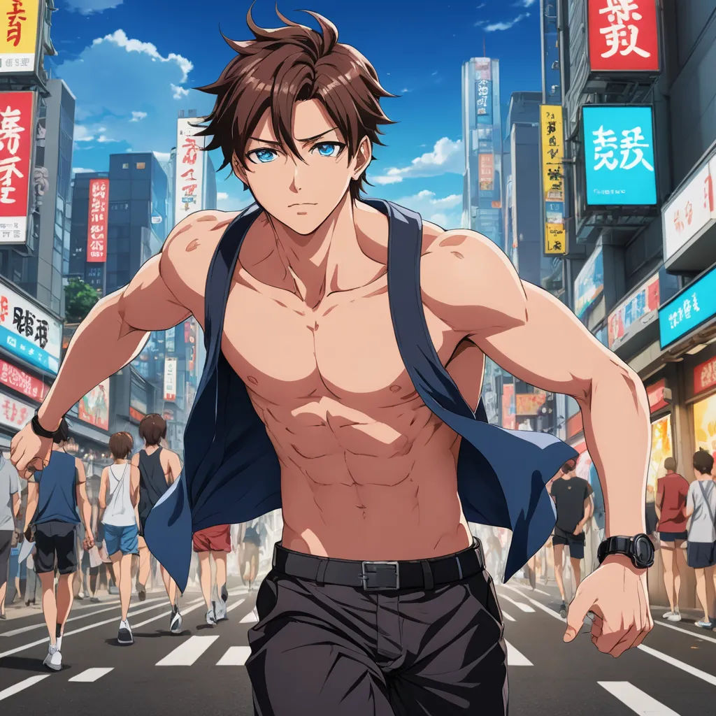 a man with a shirt on is walking down the street in a city with people walking by him and buildings, aestheticism, concept art, Adam Manyoki, official art