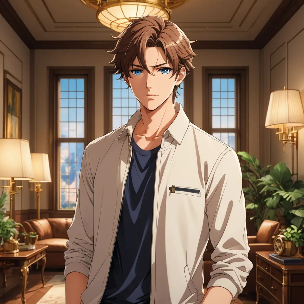 a man standing in a room with a lamp on the ceiling and a chandelier above him and a couch in the background, sots art, a character portrait, Cedric Seaut (Keos Masons), official art