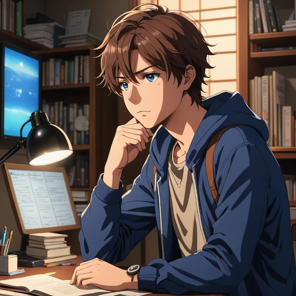a man sitting at a desk with a book and a computer monitor in front of him and a book shelf behind him, sots art, computer graphics, Cedric Seaut (Keos Masons), official art