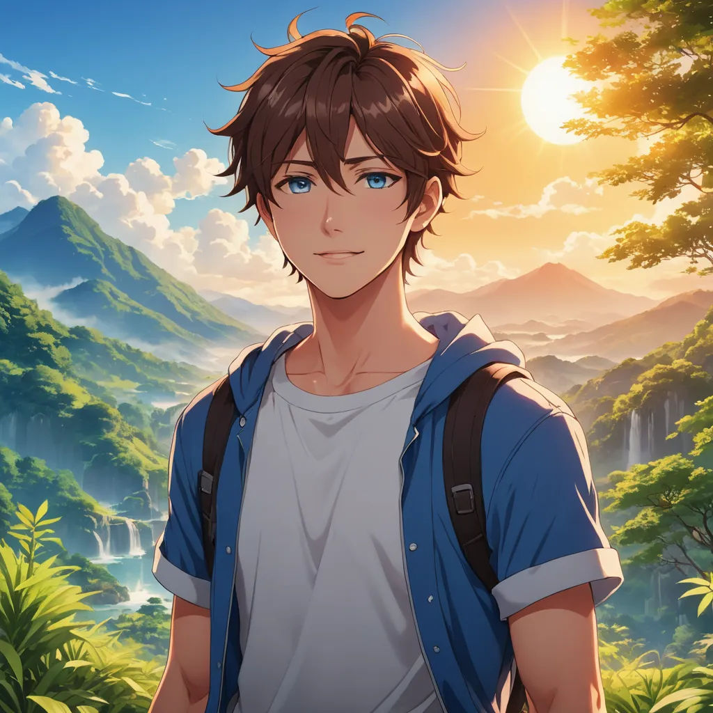 a man with a backpack standing in front of a mountain range with a sunset behind him and trees and bushes, sots art, a character portrait, Cedric Seaut (Keos Masons), official art