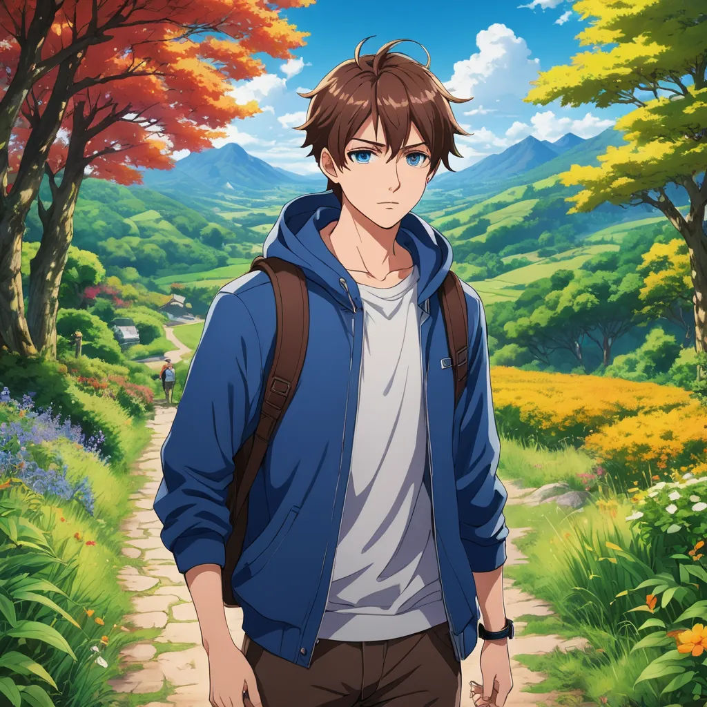 a man in a blue jacket is standing in a field with trees and flowers in the background and a path leading to a mountain, sots art, concept art, Adam Manyoki, official art