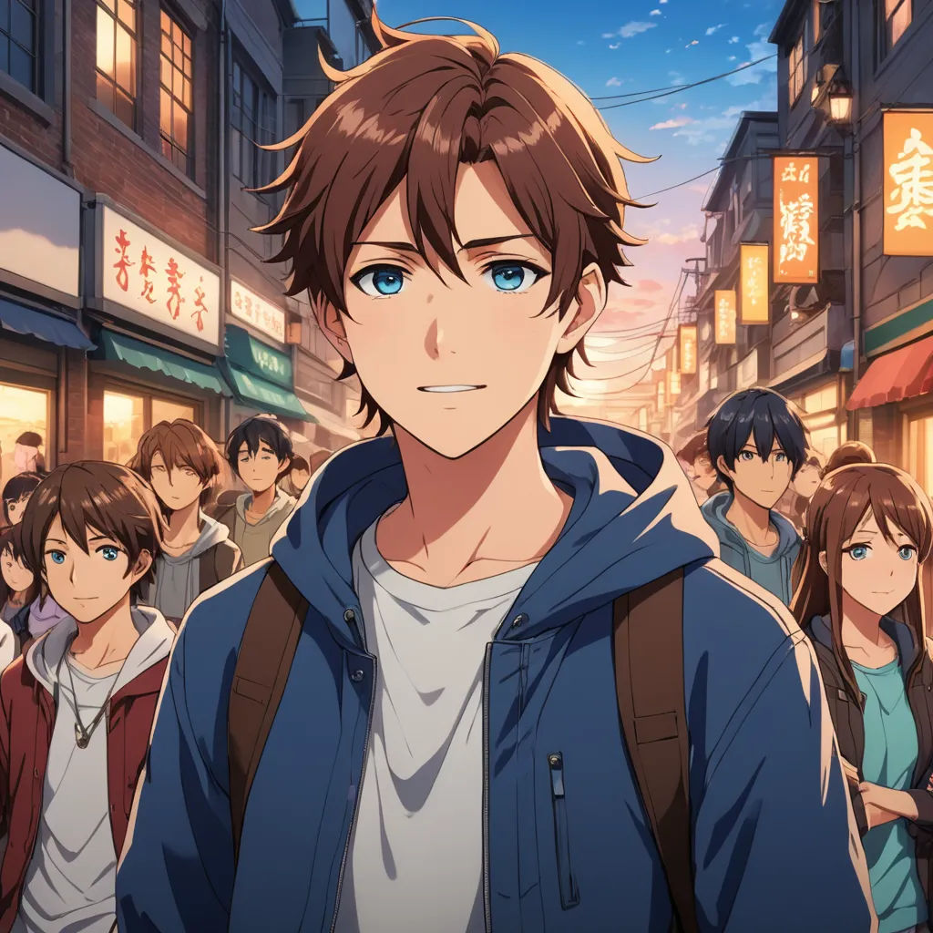 a man in a blue jacket standing in front of a crowd of people in a city street at night, rayonism, concept art, Ai-Mitsu, official art