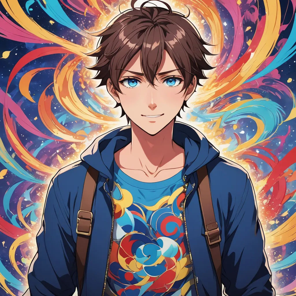 a man with a backpack and a colorful background with swirls and stars on it, and a blue hoodie, aestheticism, a character portrait, Ai-Mitsu, rossdraws global illumination