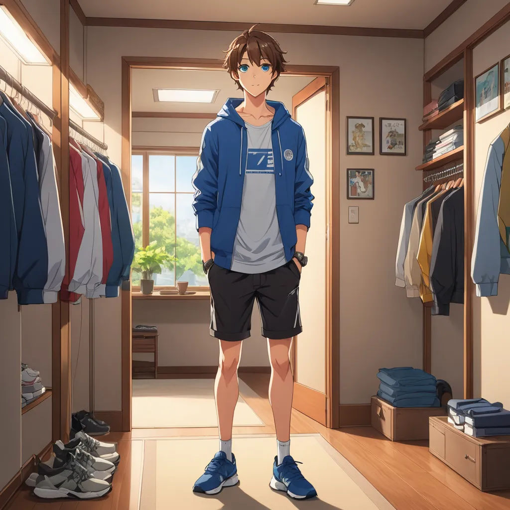 a man standing in a room with a bunch of clothes on a rack and a window behind him and a door, remodernism, concept art, Adam Manyoki, official art