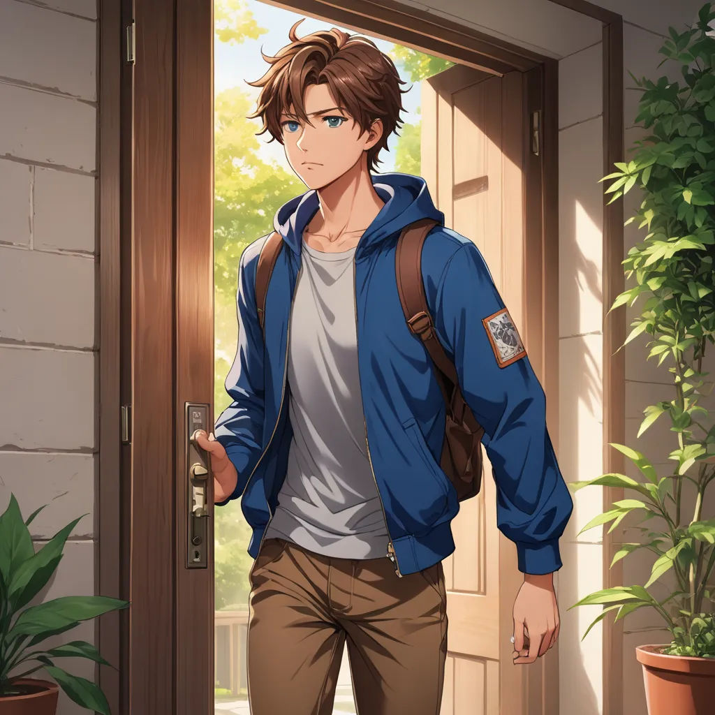 a man in a blue jacket is standing in front of a door with a backpack on his back and a plant in the background, sots art, a stock photo, Armin Hansen, official art