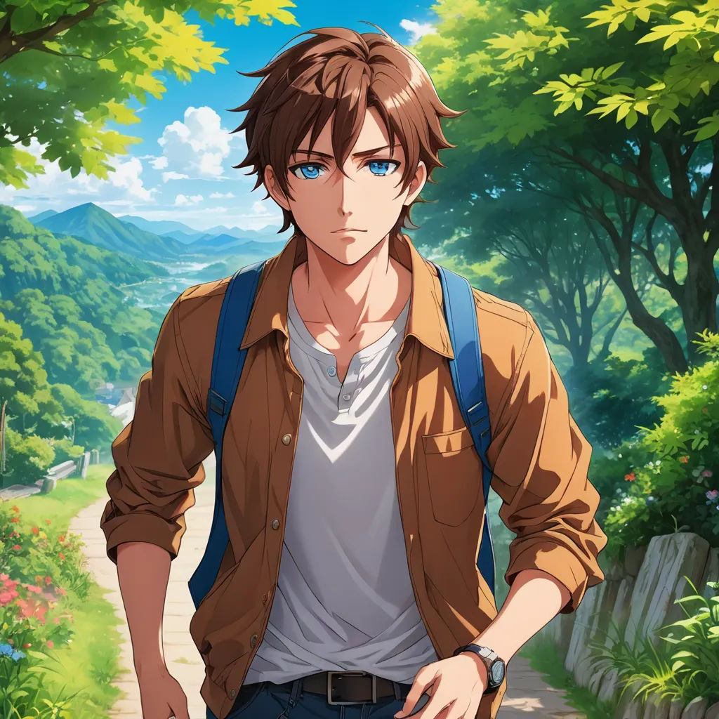 a man with a backpack is walking down a path in the woods with trees and flowers behind him,, sots art, concept art, Cedric Seaut (Keos Masons), official art
