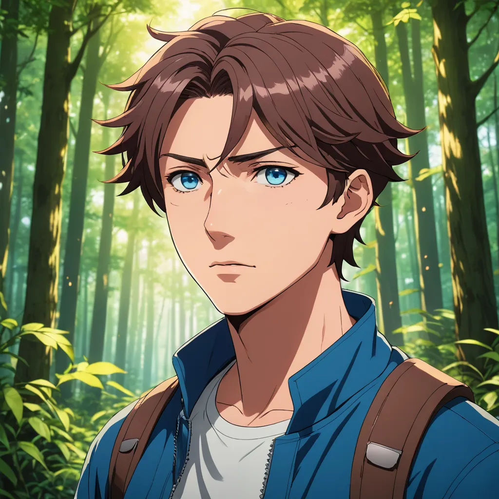 a man with blue eyes standing in front of a forest with trees and bushes in the background, looking at the camera, sots art, a character portrait, Cedric Seaut (Keos Masons), official art