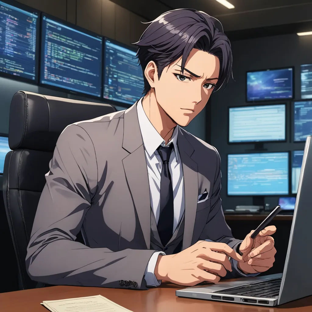 a man in a suit sitting at a desk with a laptop and pen in his hand and a lot of monitors behind him, sots art, a stock photo, Adam Manyoki, official art