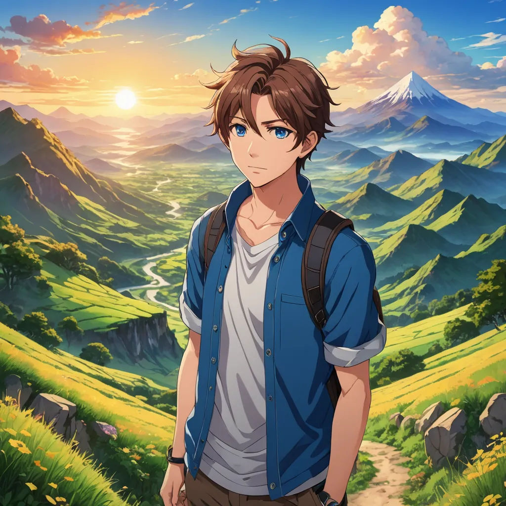 a man standing in front of a mountain with a sunset in the background and a valley in the foreground, sots art, concept art, Bob Ross, official art
