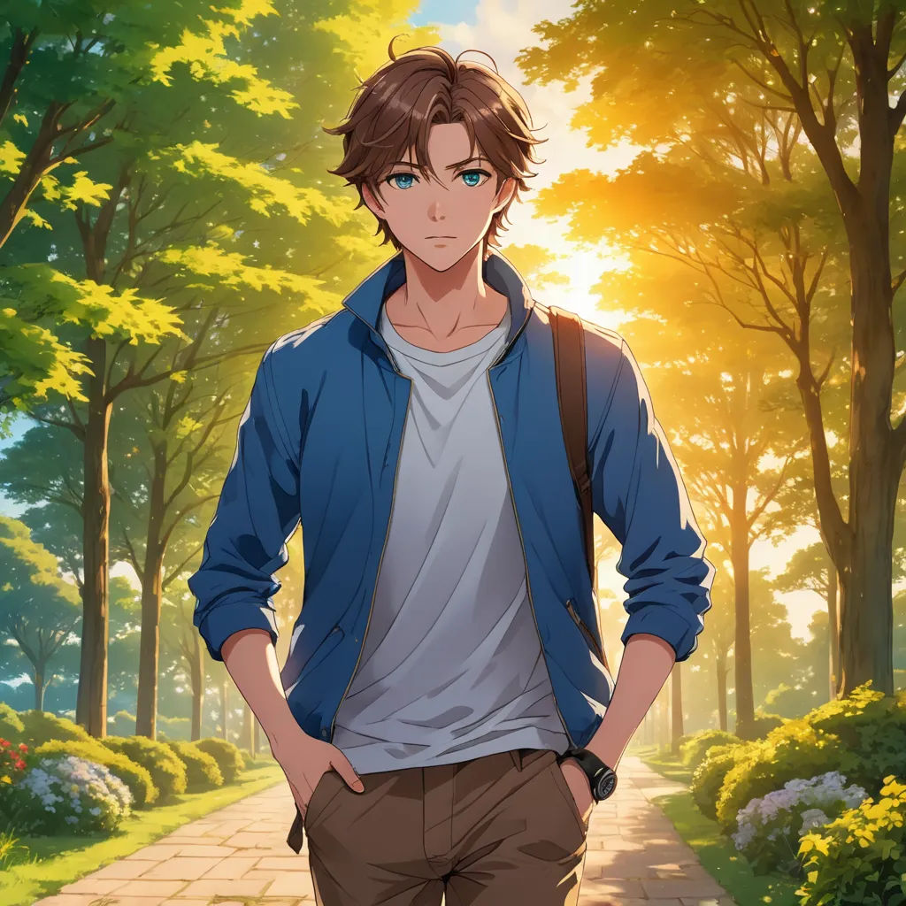 a man standing in front of a forest with trees and bushes on either side of him, wearing a blue jacket and brown pants, sots art, concept art, Adam Manyoki, official art