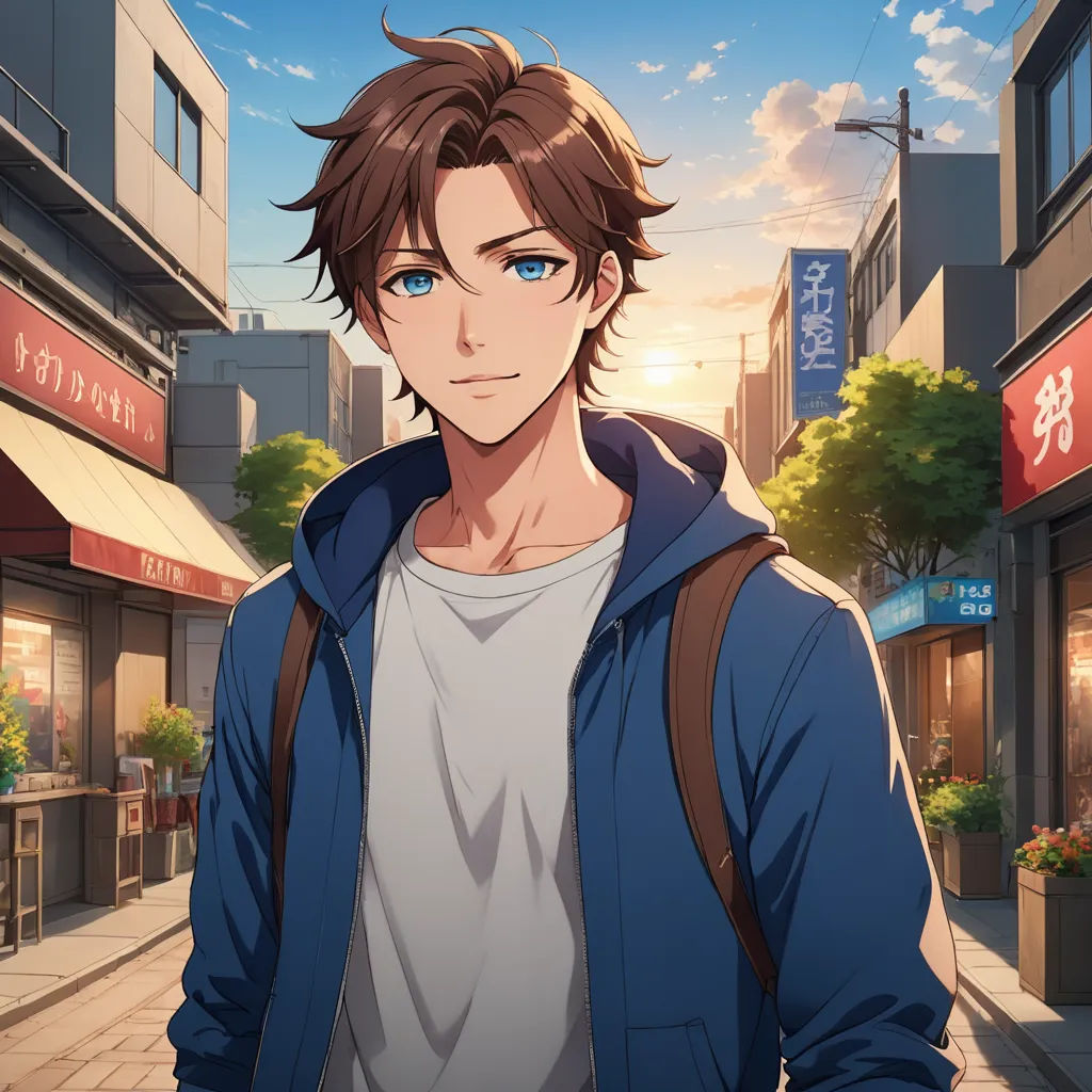 a man in a blue jacket standing in front of a building with a sky background and a city street, sots art, concept art, Cedric Seaut (Keos Masons), rossdraws global illumination