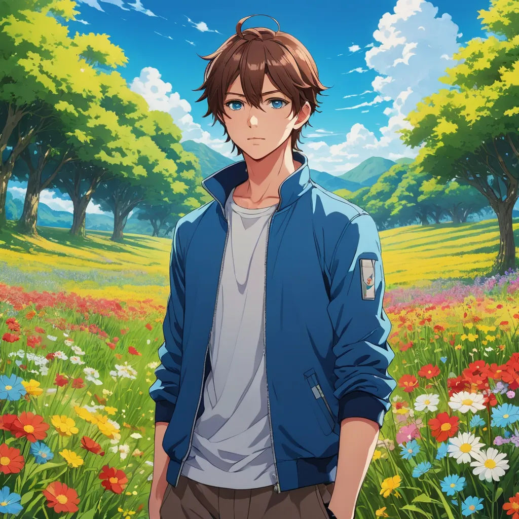 a man standing in a field of flowers with trees in the background and a sky in the background with clouds, aestheticism, concept art, Armin Hansen, official art