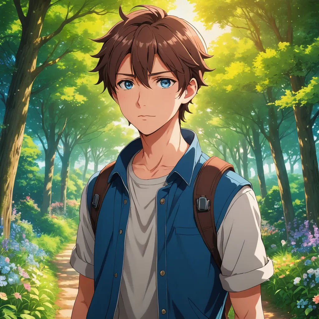 a man with a backpack standing in a forest with trees and flowers behind him, looking at the camera, sots art, concept art, Adam Manyoki, official art