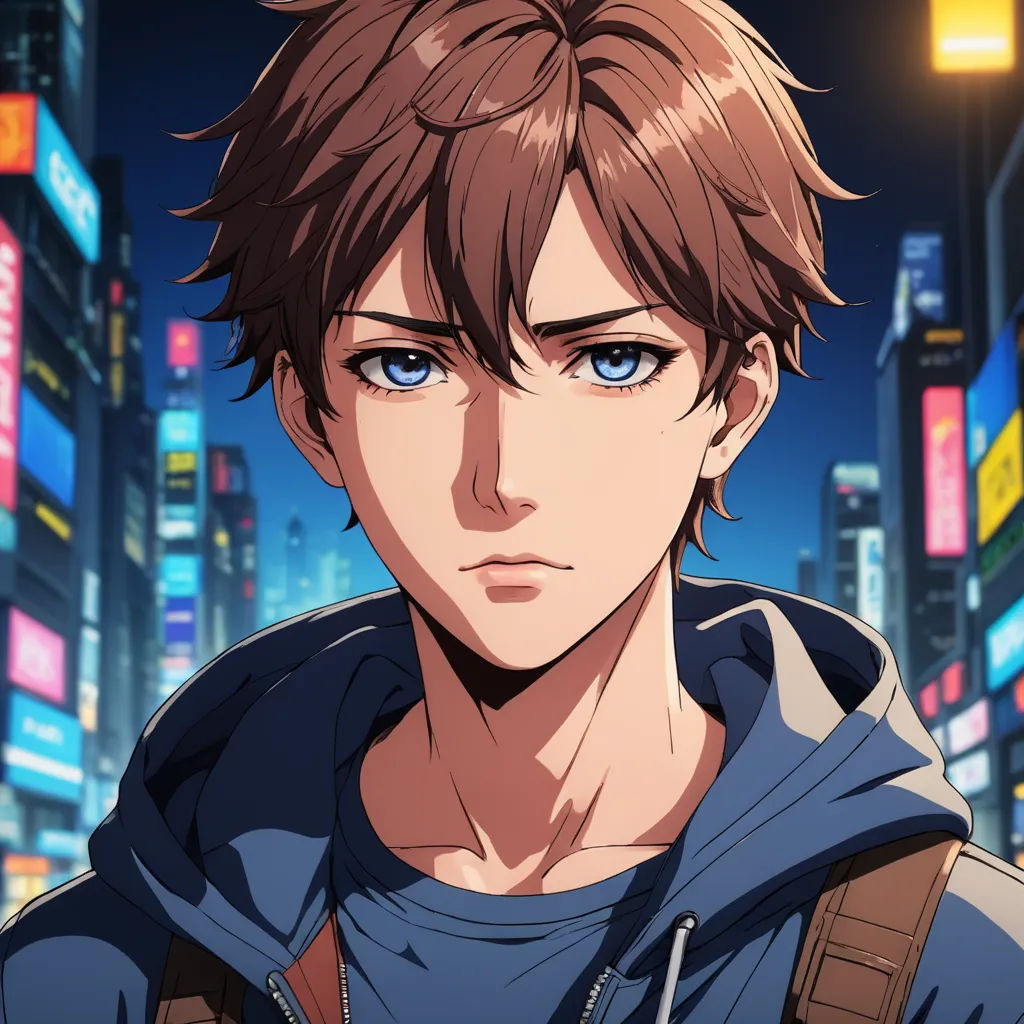 a man with blue eyes and a hoodie in a city at night with neon lights and buildings in the background, sots art, a character portrait, Cedric Seaut (Keos Masons), official art